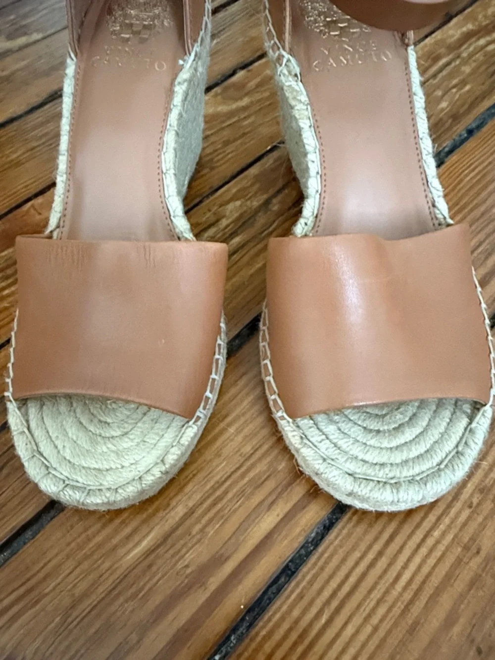 Vince Camuto Cognac Leather Espadrille Wedge Sandals - Picture 2 of 7